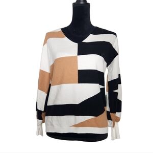 Vila Milano Colorblock Asymetrical Black White Brown Stripe Sweater